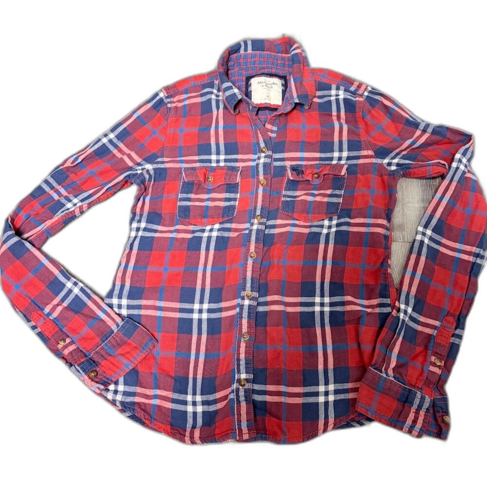 Abercrombie & Fitch Flannel Shirt M Red Blue Plaid 100% Cotton Button Front